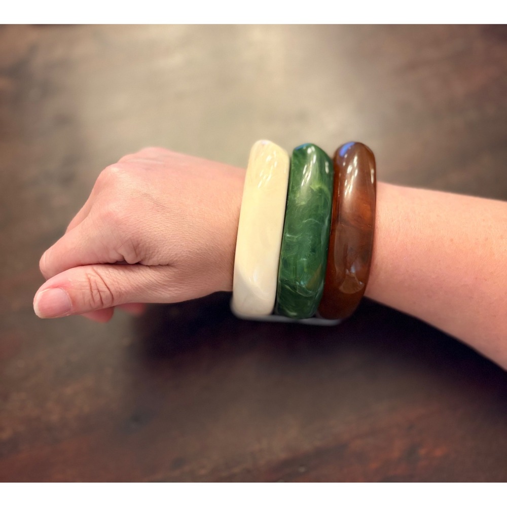 Piper K Resin Bangle Bracelet Set Green Amber Cream Chunky Stackable NIB